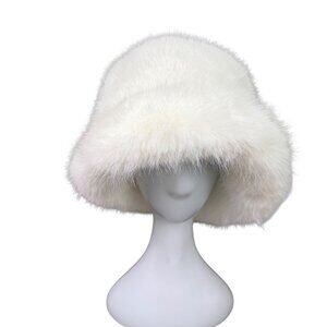 Faux Fur Womens White Bucket Hat Soft Winter Warm Lined Stylish Snow Cap OS